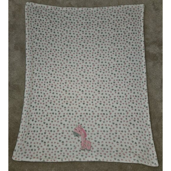 Forever Baby Giraffe Fleece Baby Blanket Pink Gray Hearts 29x38 - Picture 2 of 5